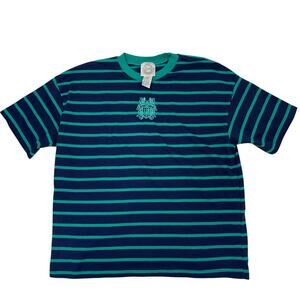 Erika & Company Vintage Striped Crest T-Shirt Embroidered Logo Teal Women Large